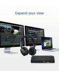 Universal USB 3.0 Docking Hub With Dvi Vga Display And Gigabit Ethernet For Laptop Desktop Featuring Rapid Charging Crisp Audio and Straight Fire Build showcasing dual monitors and headphones.