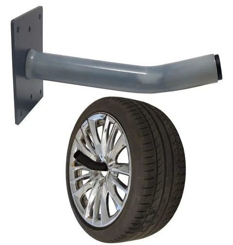 Heavy Duty 12 Inch Wall Tire Hanger Kit With Universal Multi Tool Storage Hooks Protective Sleeves Screws And Anchors Included Galvanized Steel Powder Coated Black For Garage Or Shop Organization showing hanger and mounted tire.