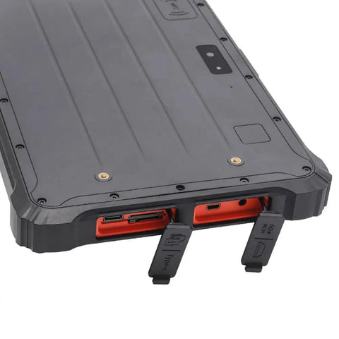 Tough As Nails 10.1 Inch Rugged Tablet Running Android 13 With IP67 Waterproof Shield Plus 4GB Ram And 64GB Storage Featuring Blazing Fast 4G LTE Wherever You Roam showing dual card slots and ports.
