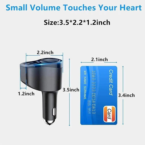 All In One USB C Car Charger With 168W Power, Dual 12V and 24V Socket Splitter, Three USB Ports size comparison with credit card