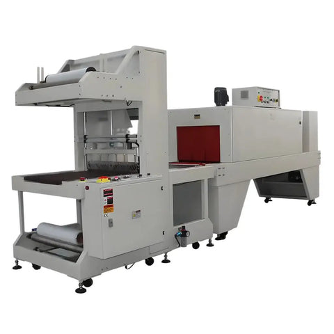 Industrial Pe Heat Shrink Film Cutting Machine For Beverage Cartons And Plastic Wrapping Sealer, side view showing heat tunnel and controls.