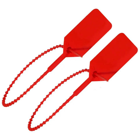 One Thousand Bulk Red Tamper Proof Security Seals For Fire Extinguishers First Aid Kits And Medical Cabinets UL Inspected Heavy Duty Wire Locks, close up view of red zip tie locks.