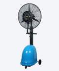 Heavy Duty Oscillating Pedestal Fan With Three Speed Settings And Integrated Misting Spray for cooling, featuring blue water reservoir.