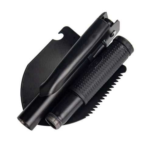 Folded view of Folding Survival Shovel For Camping And Trekking with durable metal handle, showing compact design for easy storage.