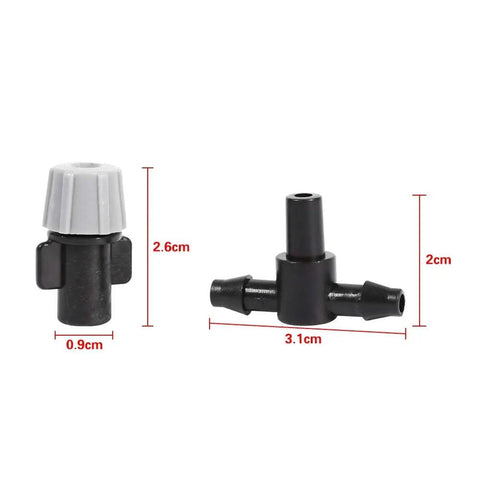 20 Piece Adjustable Sprinkler Drip Heads With Tee Joints Watering Mister System in black plastic shown with measurements