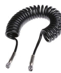 Heavy Duty Flexible Polyurethane Recoil Air Hose Featuring Automatic Snap Back Retrieval And Rock Solid Kink Resistant Build For Hassle Free High Flow Pneumatic Air Delivery In Any Workshop Setup, coiled design with connectors.