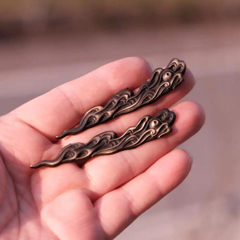 Dope Antique Copper Samurai Tsuba Fuchi Kashira Menuki Set With Dragon Phoenix Buddha Demon Floral Motif For Universal Katana Tachi Wakizashi Fit And Yin Yang Mythology Balance, copper menuki detail