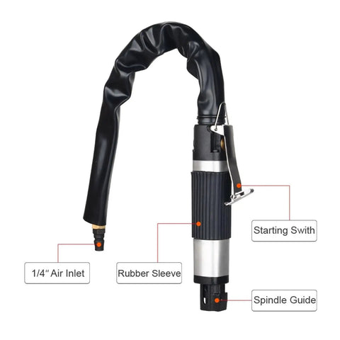 Super Reliable Heavy Duty Pneumatic File Polisher And Reciprocating Wood Sander Built For Tight Spots With Knockout Torque detailed view of air inlet and rubber sleeve.