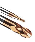 Close-up of five carbide ball-nose end mills, 4-flute, TISIN-coated, gold-colored bits in 1/16"–3/8" sizes.