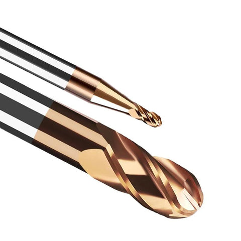 Close-up of five carbide ball-nose end mills, 4-flute, TISIN-coated, gold-colored bits in 1/16"–3/8" sizes.