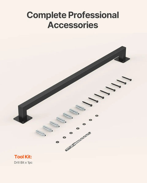 Badass Industrial Wall Mount Stair Handrail, Three Foot Black Iron Staircase Grip Square Tube, Heavy Duty Dual Section Setup For Indoor Steps And Exterior Deck Railing Supporting Two Five Zero Pounds with installation accessories.