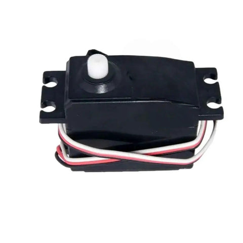 Heavy Duty 1/10 Electronic Servo Motor Dropping Beast Mode Torque With No Sweat Moisture Armor For Rock Solid Scale Model Mods And Dead Simple Rc Part Swaps, black servo with white and red wires.