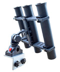 3 Pole Fishing Rod Holder With Aluminum 90 Degree Track Bracket Base, 360 Degree Rotating Deck Or Side Mount For Versatrack And Ranger Track Systems, Heavy Duty Boat Track Bracket on white background