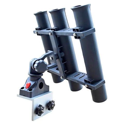 3 Pole Fishing Rod Holder With Aluminum 90 Degree Track Bracket Base, 360 Degree Rotating Deck Or Side Mount For Versatrack And Ranger Track Systems, Heavy Duty Boat Track Bracket on white background