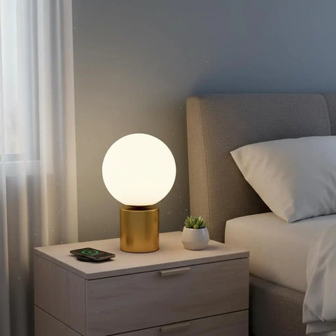 11 Inch Modern Gold Globe Table Lamp With Milk White Glass Shade And Sturdy Metal Base on a bedroom bedside table