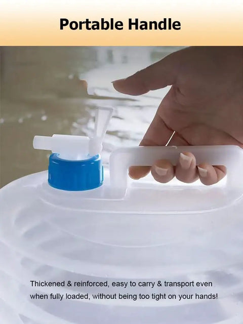 Close-up of hand holding the Foldable Water Storage Bags Set 2 Pack 8L Each Telescopic Emergency Jug With Faucet Portable Handle