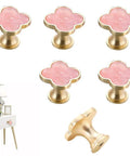 Sweet Looking Pink Clover Drawer Knobs Six Pack For Dressers And Kitchen Cupboards Smooth Zinc Alloy Hardware with clover design.