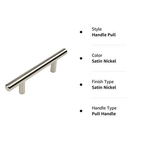 25 Pack Satin Nickel Cabinet Bar Pull Handles, Euro Style 3 Inch Hole Centers, shown with specifications, silver finish