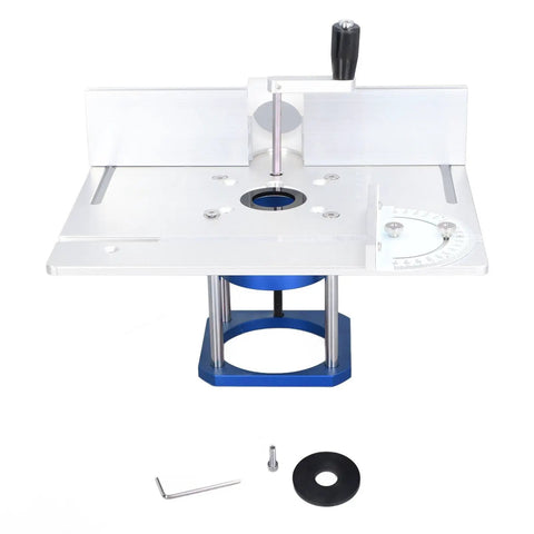 Must Have Router Table Lift Kit Featuring Smooth Adjustable Aluminum Platform And No Sweat Install Woodworking Insert Base Plate with tools.