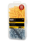 Klein Tools Conical Anchor Kit, front view in clear case; 100 yellow anchors, 100 screws, drill bit included