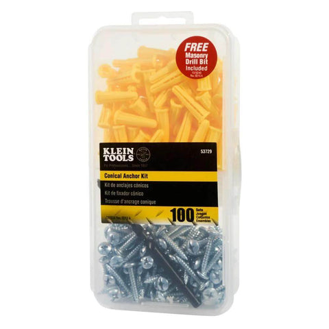 Klein Tools Conical Anchor Kit, front view in clear case; 100 yellow anchors, 100 screws, drill bit included