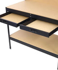 Rugged Steel Garage Workbench With Pegboard Drawers Tool Hooks And Storage Organizer LED Light Four AC Outlets Two USB Ports Pro Grade Worktable showing open drawers