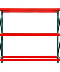Heavy Duty 3 Tier Pallet Rack Starter Unit Rock Solid Steel Shelving Built Tough For Warehouse Storage 48 By 120 By 144 Inches, red beams, no decking.