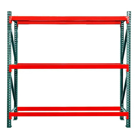 Heavy Duty 3 Tier Pallet Rack Starter Unit Rock Solid Steel Shelving Built Tough For Warehouse Storage 48 By 120 By 144 Inches, red beams, no decking.