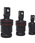 Get Your Car Running Smooth With This 3 Piece Swivel Socket Set Featuring 1/2, 3/8, And 1/4 Inch Drive Sizes Perfect For Tight Spaces With Ball Joint Adapter And Chrome Steel Build For Pros, three black swivel sockets
