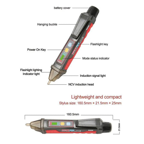 UT12E Non Contact AC Voltage Detector Pencil, Detects 24V to 1000V with Vibration, Audible Beep and Light Alarm, Easy Safety Tester for Cords, Outlets, and Breakers, Ideal for Electricians and DIY Repairs, 160.5mm black and red plastic pen