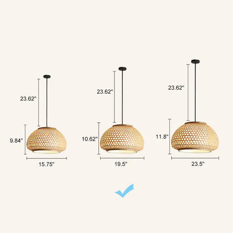 Handmade Flush Mount Ceiling Light With Retro Bamboo Dome Shade, Woven Hanging Lamp, Adjustable Cord to 23.62 Inches, Size Variations