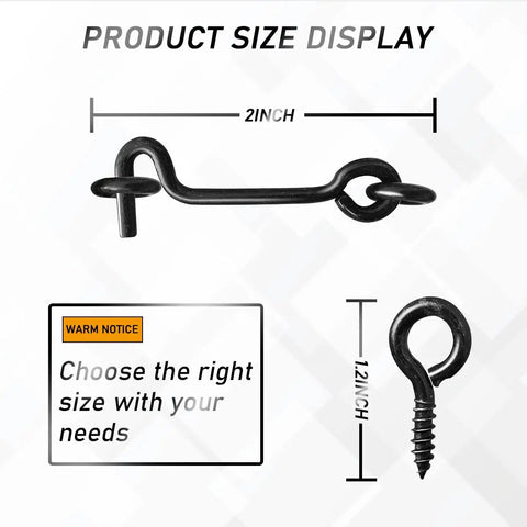 Rock Solid Top Shelf Cabin Swivel Hook And Eye Latch For Door Gate And Window Carbon Steel Heavy Duty Rust Resistant Security Lock 2 Inch 5 Pack With Mounting Screws Included size display showing dimensions of 2 inch hook and 1.2 inch eye.
