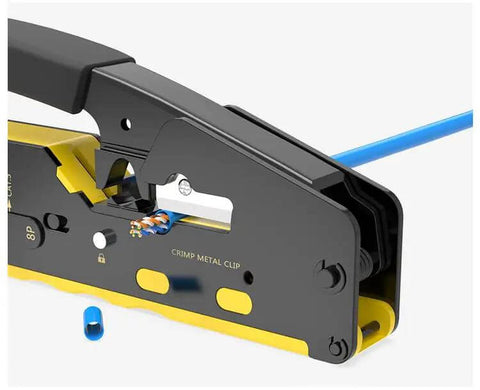 Close-up of All In One RJ45 Pass Through Crimp Tool for Cat5e Cat6 Cat6a data cables with built-in wire stripper and cutter, yellow.