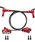 Heavy Duty Hydraulic Disc Brake Set Front And Rear With Two Piston Aluminum Calipers Long Brake Lines For Mountain Road Bicycles Sick Stopping Power Dope Red Finish with levers and calipers.