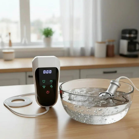 Portable Ultrasonic Cleaning Wand Featuring 60khz Sonic Cavitation Technology in a bowl of water on a kitchen countertop.
