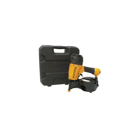 No Fuss Pneumatic Coil Siding Nailer With Rugged Aluminum Construction adjustable depth setting beside a sturdy carrying case.