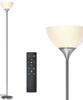 Torchiere Floor Lamp With Remote Control And 4 Color Temperatures, brushed nickel standing lamp and remote shown