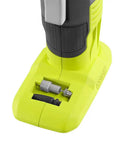 Base of 18 Volt One Plus Portable Cordless Tire Inflator with accessory storage, ergonomic pistol grip, battery not included.