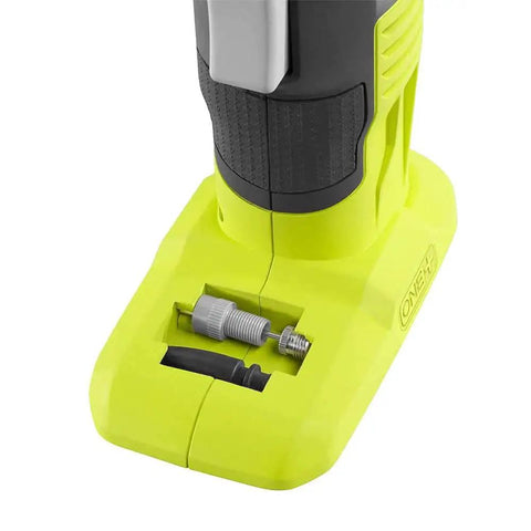 Base of 18 Volt One Plus Portable Cordless Tire Inflator with accessory storage, ergonomic pistol grip, battery not included.