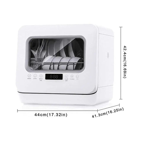 Pretty Slick Portable Automatic Countertop Dishwasher With Dual Overhead Spray Built In Water Tank And Air Dry Cycle displayed with dimensions.