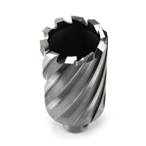 Oscarbide annular cutter, Amazon brand, front view, 1-5/8 in diameter, 3/4 in Weldon shank, 2 in depth.