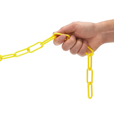 Hand holding 100 Foot Yellow Plastic Safety Barrier Chain for Construction Sites and Garages Non Marring No Rust High Visibility Barricade Link