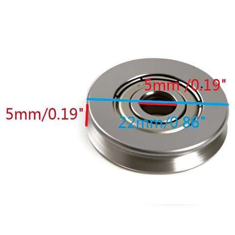 Five Pack V Groove Sealed Ball Bearings, 5mm Bore, 22mm OD, 5mm Thick, dimensions labeled