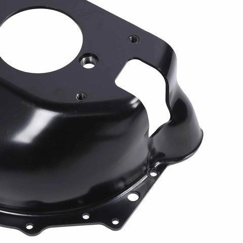 Lightweight Bell Housing For SBC Transmission, 4.675 Inch Bearing Retainer, black metal close-up view with holes