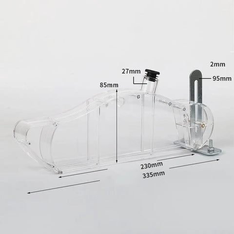 Clear Table Saw Blade Guard With Adjustable Acrylic Splitter Bracket and Snag Free Dust Deflector displayed with measurements.