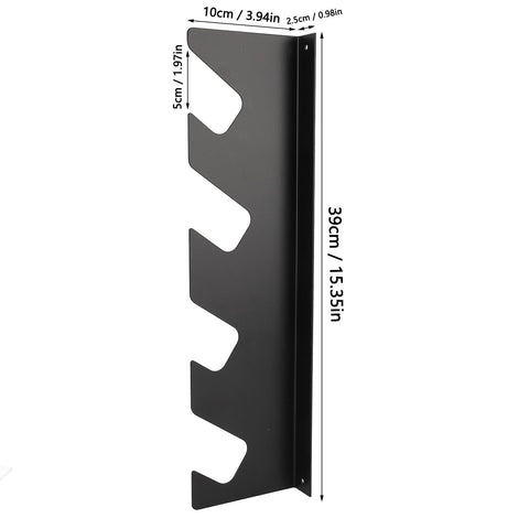 Top Shelf Heavy Iron Shovel And Rake Holder Wall Mounted Shed Tool Rack Rust Proof Open Design showing dimensions and profile.