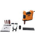 Heavy Duty 650W Portable Oscillating Spindle Sander With Variable 1800 To 3200 RPM Speed kit including sander, drums, clamps, instructions