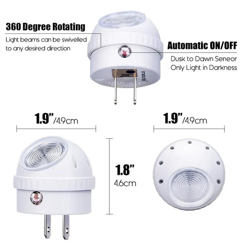 Technical diagram of Plug In Night Light With Dusk To Dawn Sensor, 360 Degree Rotation, Warm White Glow, size dimensions 1.9" x 1.8"