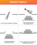 Installation guide for ceiling downlight with diagrams showing cutting, wiring, fastening, and final setup steps.