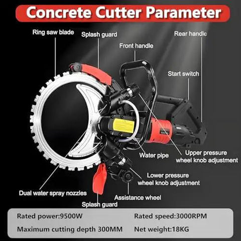Heavy Duty 16 Inch Wet Saw With Intelligent Water Pump And Dust Control Gear For Concrete Stone And Rebar Walls Electric Groove Machine Built Like A Tank To Crush Slab Cuts Without Skipping A Beat, showing detailed components.